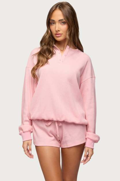 Baila Waffle Henley Top - PINK