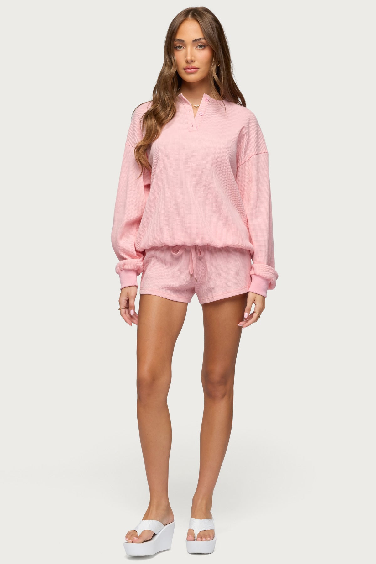 Baila Waffle Henley Top - PINK