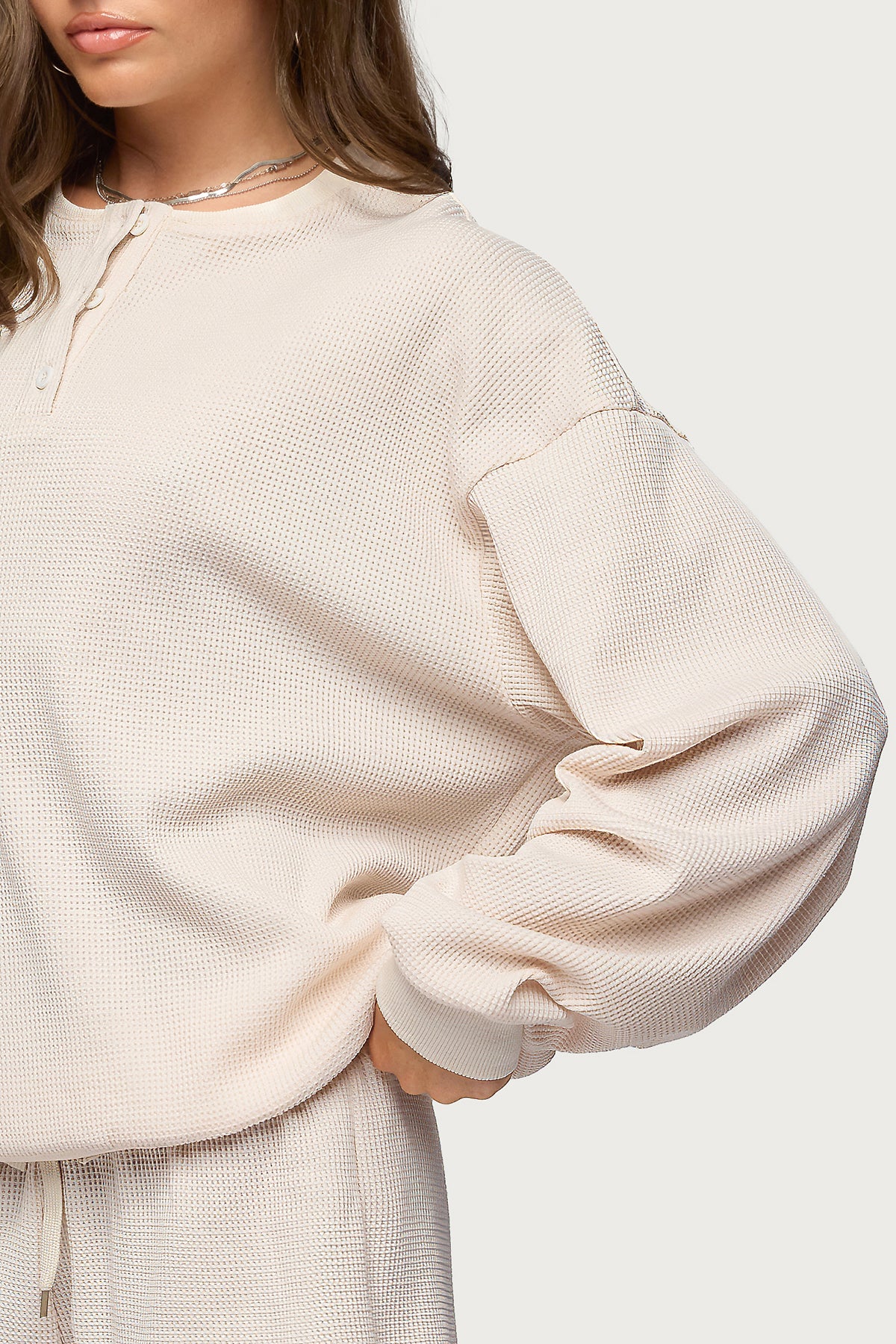Baila Waffle Henley Top - STONE