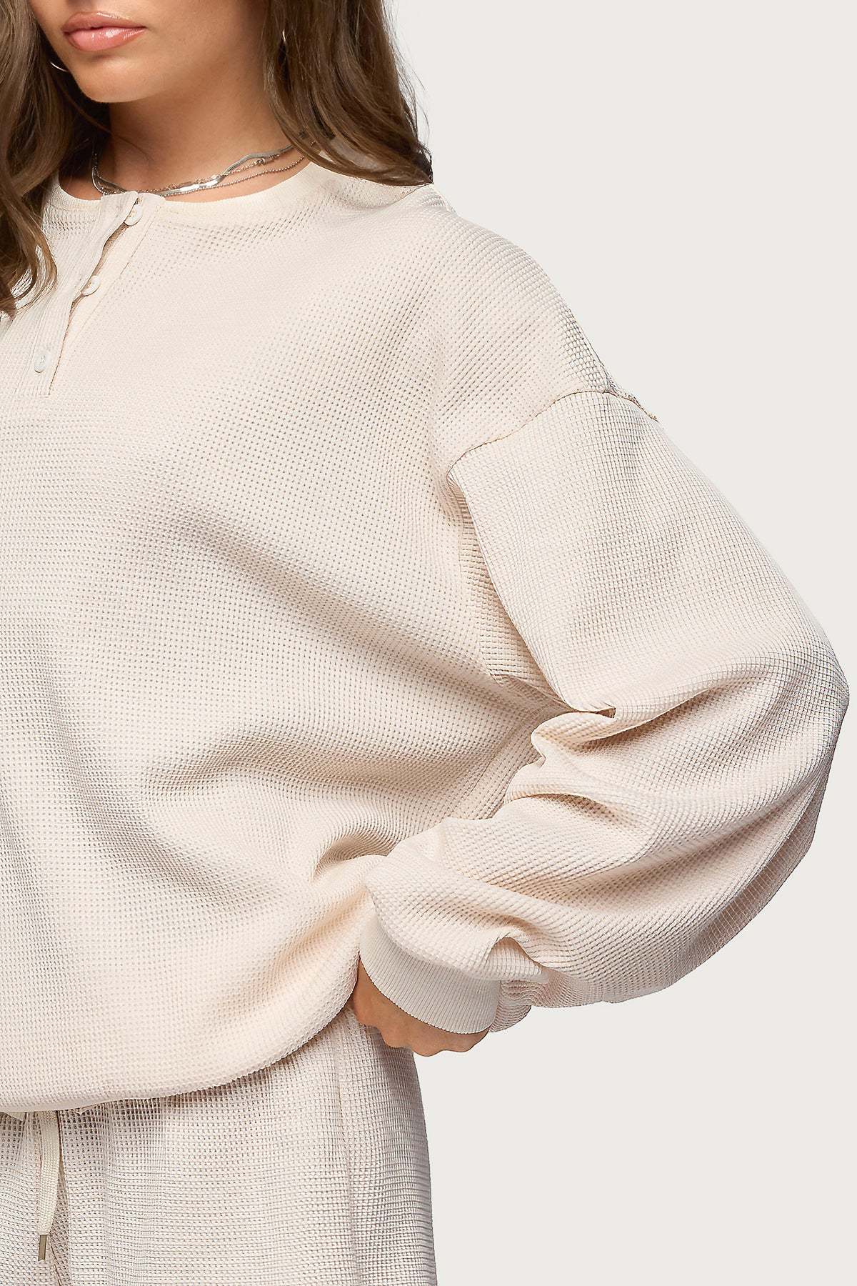 Baila Waffle Henley Top - STONE