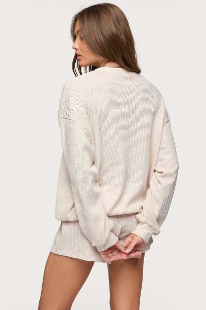 Baila Waffle Henley Top - STONE