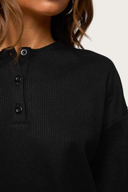 Baila Waffle Henley Top - BLACK