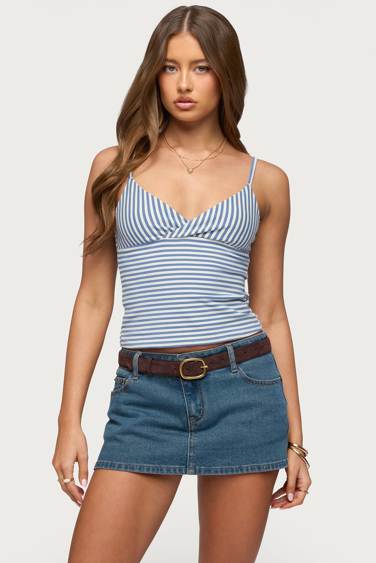 Emilea  V Neck Striped Tank Top - BLUE-AND-WHITE