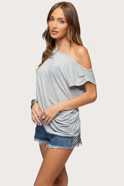 Ofelia Asymmetric Off Shoulder Ruched Top - GRAY-MELANGE