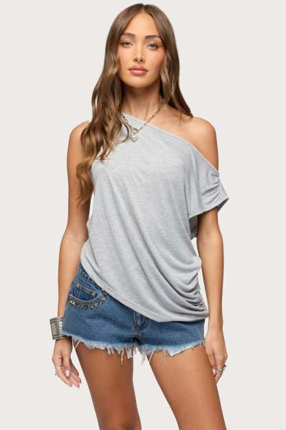 Ofelia Asymmetric Off Shoulder Ruched Top - GRAY-MELANGE