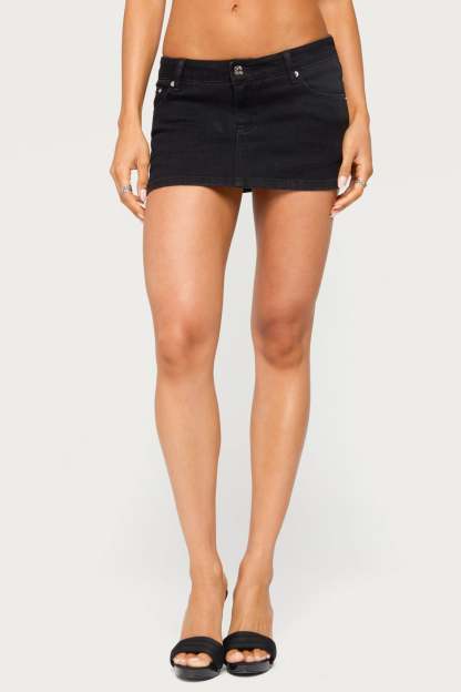 Seffie Low Rise Stretchy Denim Micro Skort - BLACK-WASHED