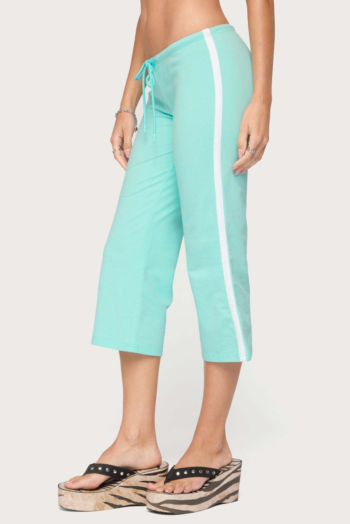Milene Contrast French Terry Capri Pants - AQUA