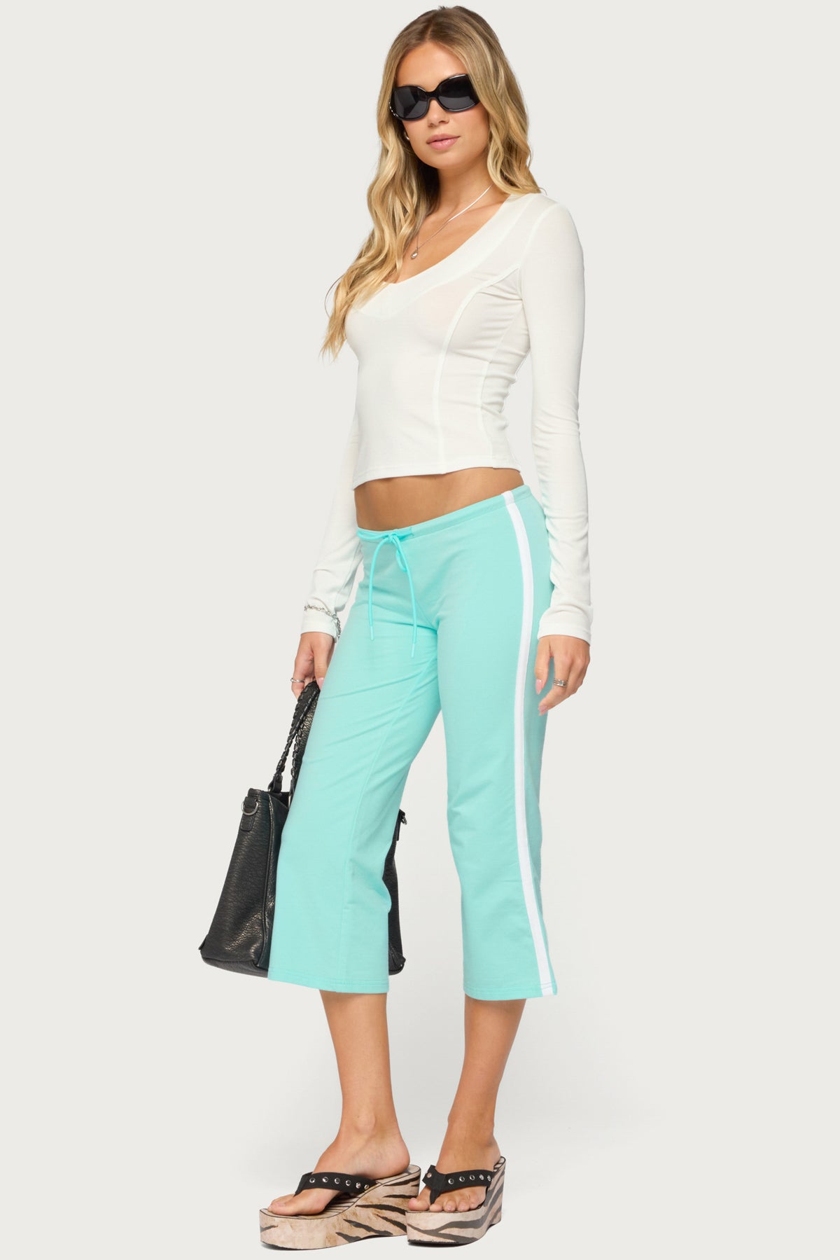 Milene Contrast French Terry Capri Pants - AQUA