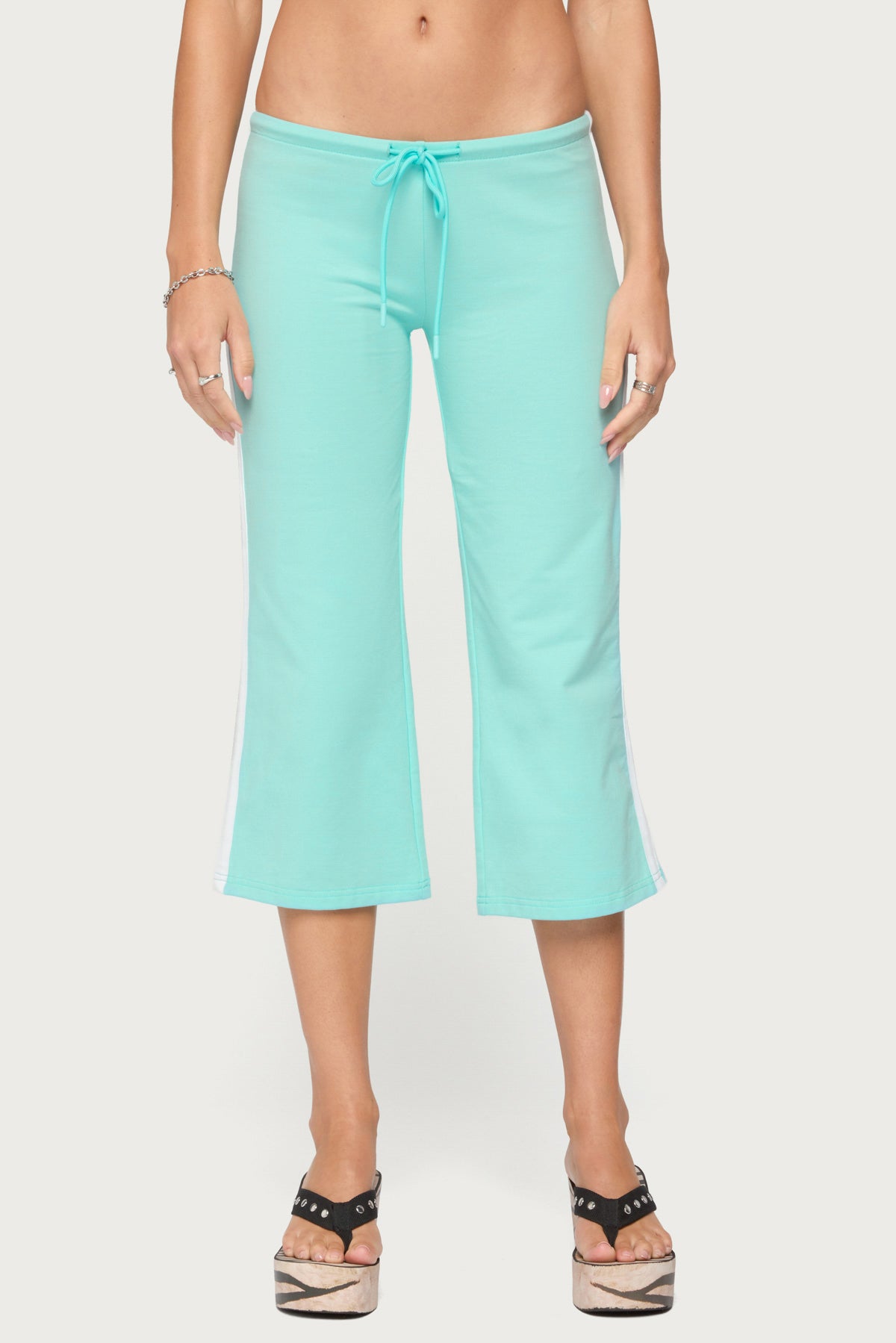 Milene Contrast French Terry Capri Pants - AQUA