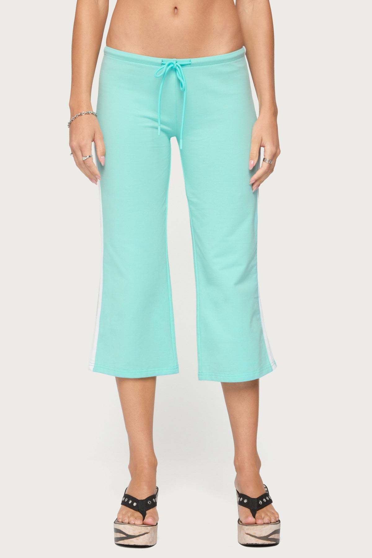 Milene Contrast French Terry Capri Pants - AQUA