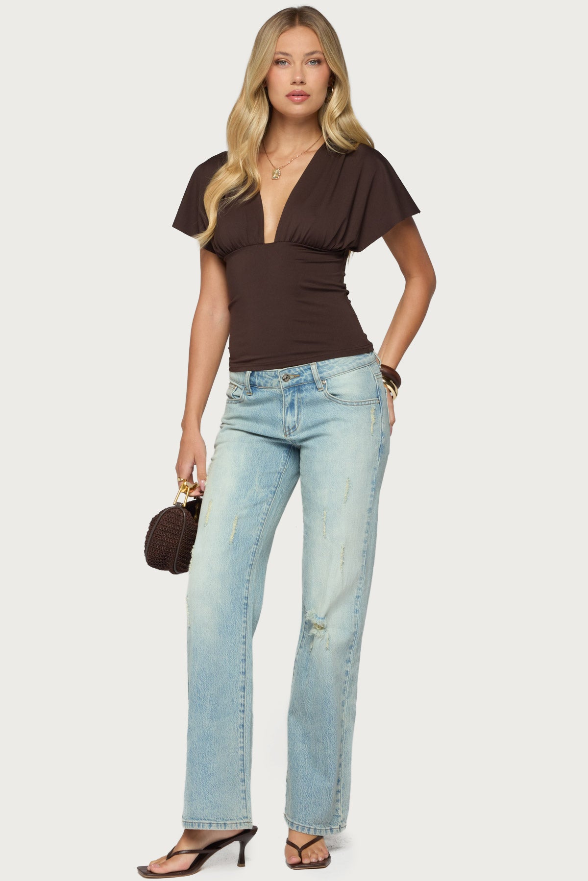 Flutter Plunging V Neck Top - DARK-BROWN
