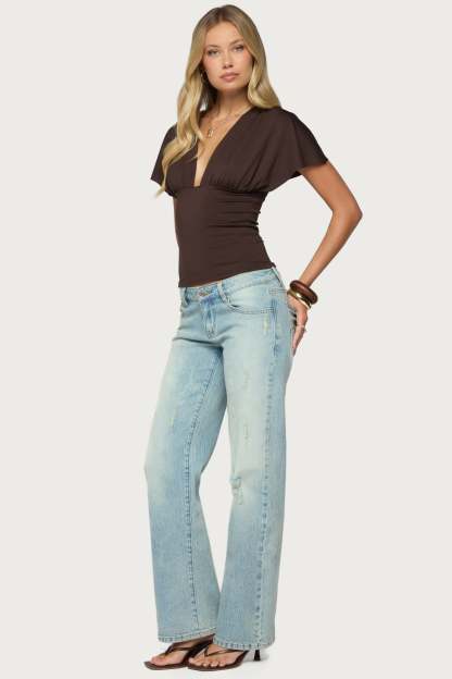 Flutter Plunging V Neck Top - DARK-BROWN
