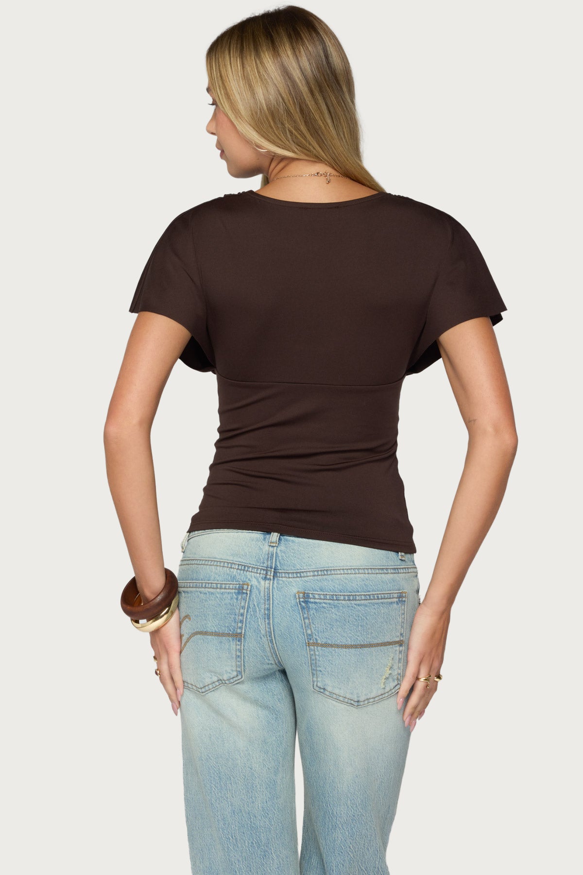 Flutter Plunging V Neck Top - DARK-BROWN