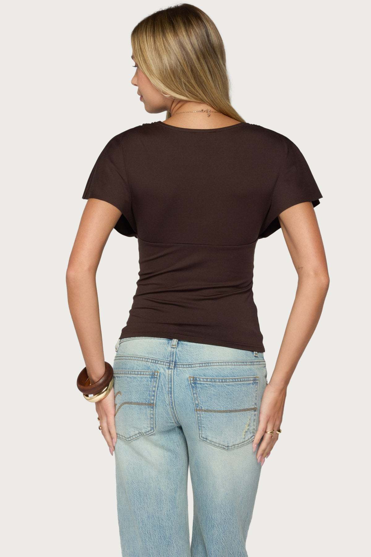 Flutter Plunging V Neck Top - DARK-BROWN