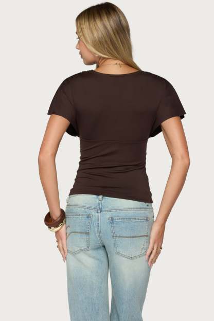 Flutter Plunging V Neck Top - DARK-BROWN