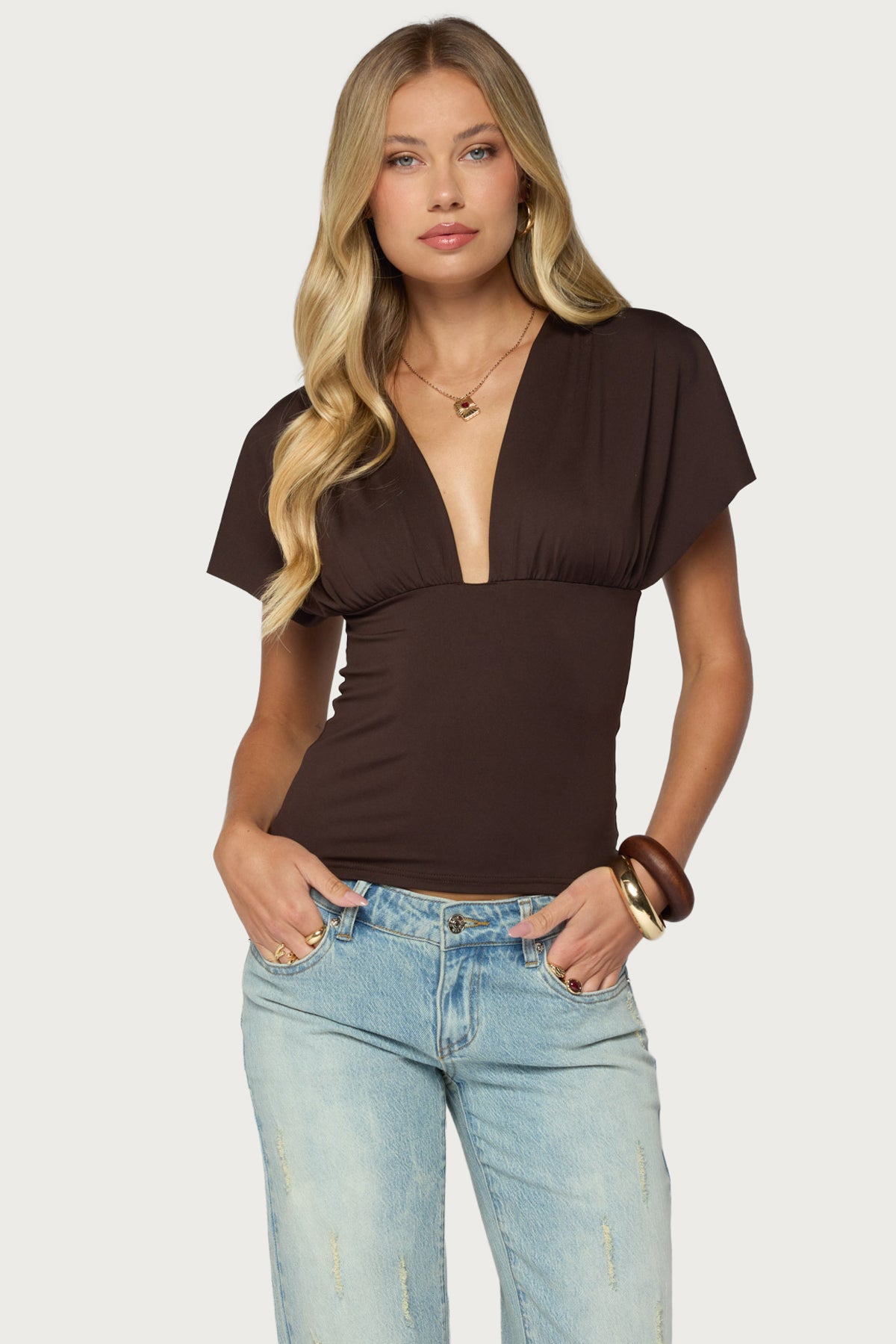 Flutter Plunging V Neck Top - DARK-BROWN