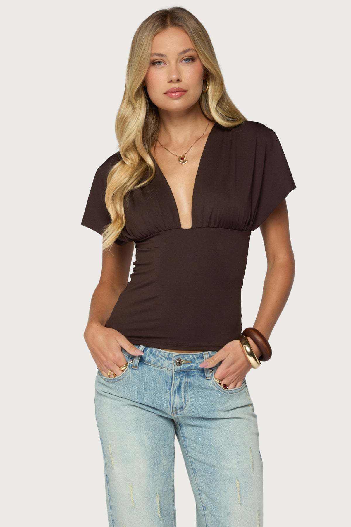 Flutter Plunging V Neck Top - DARK-BROWN