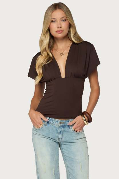 Flutter Plunging V Neck Top - DARK-BROWN