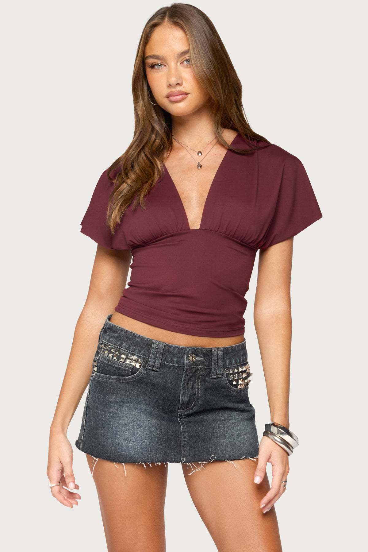 Flutter Plunging V Neck Top - BURGUNDY