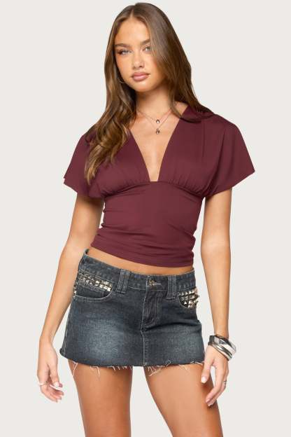 Flutter Plunging V Neck Top - BURGUNDY