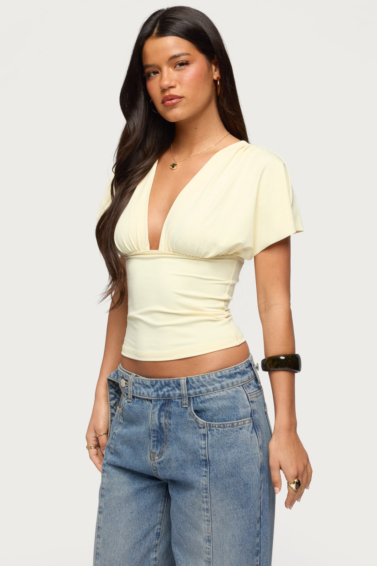 Flutter Plunging V Neck Top - LIGHT-YELLOW