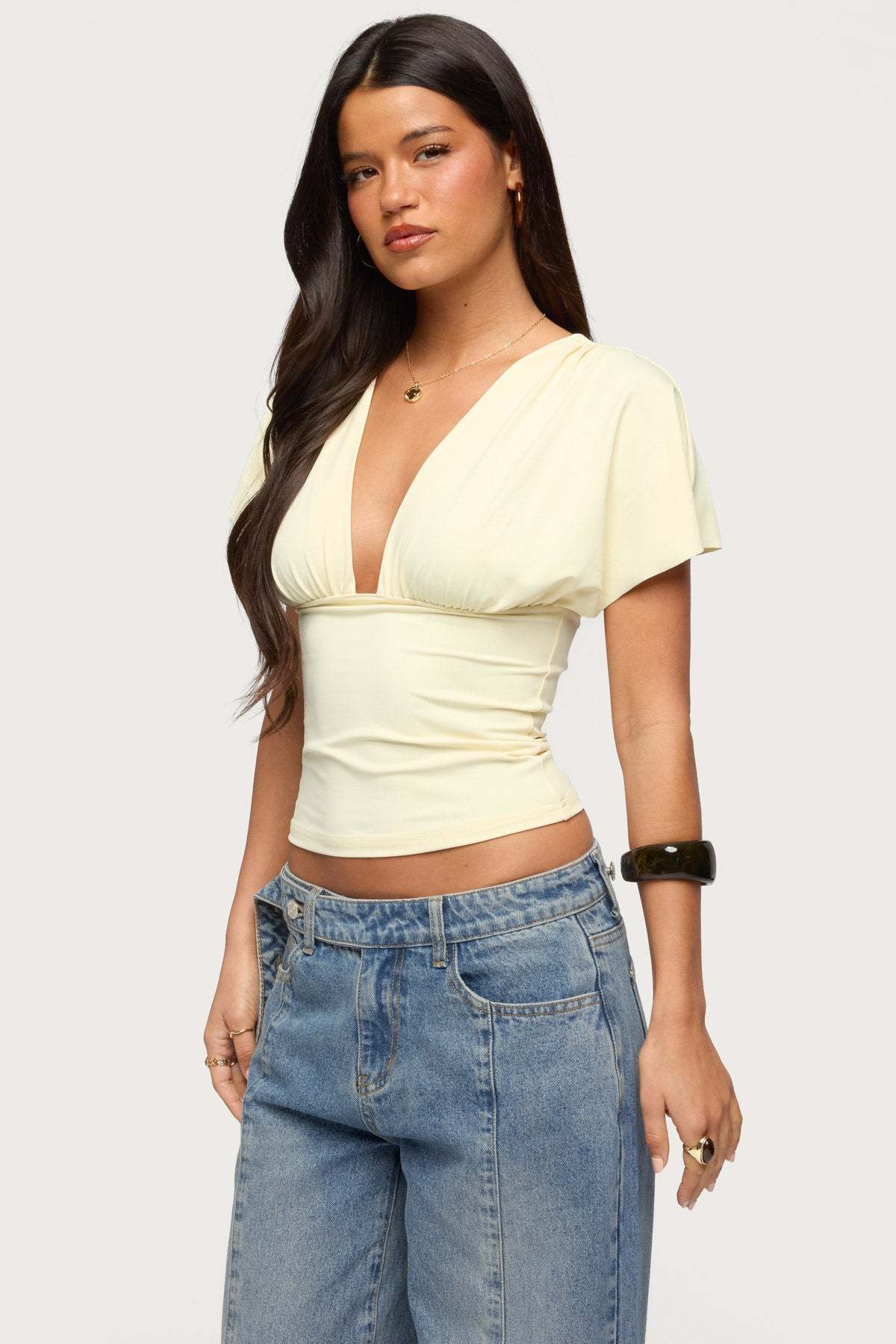 Flutter Plunging V Neck Top - LIGHT-YELLOW