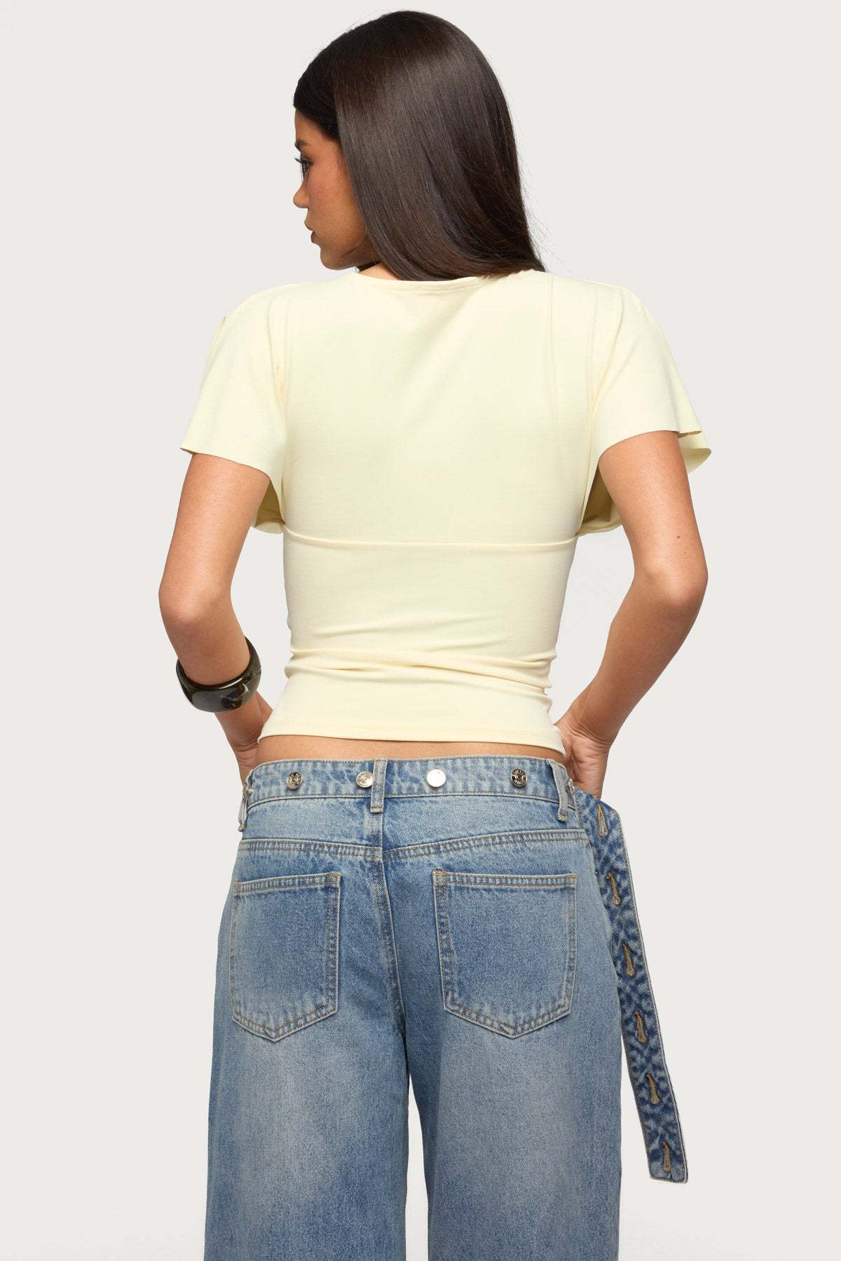 Flutter Plunging V Neck Top - LIGHT-YELLOW