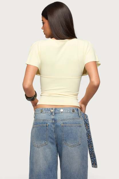 Flutter Plunging V Neck Top - LIGHT-YELLOW