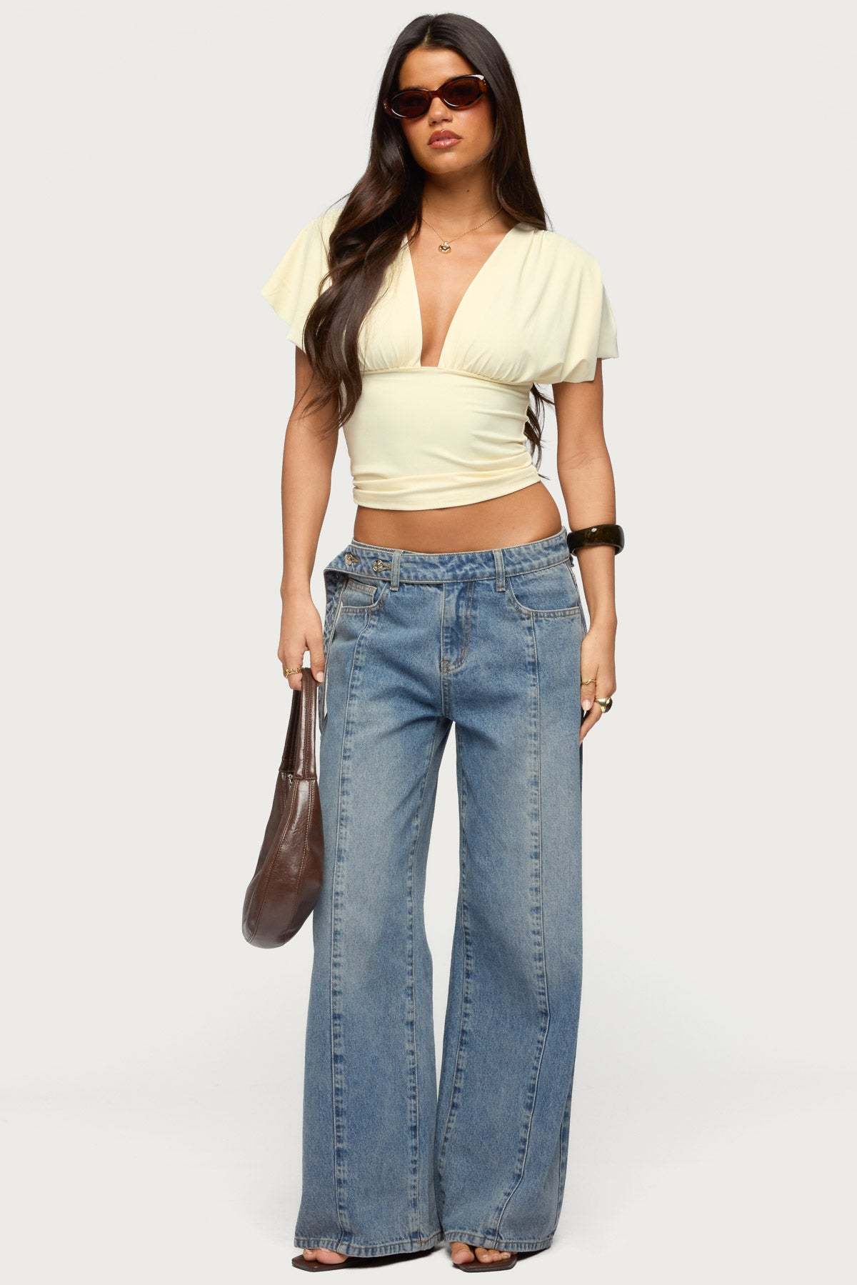 Flutter Plunging V Neck Top - LIGHT-YELLOW