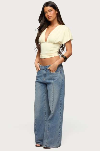 Flutter Plunging V Neck Top - LIGHT-YELLOW