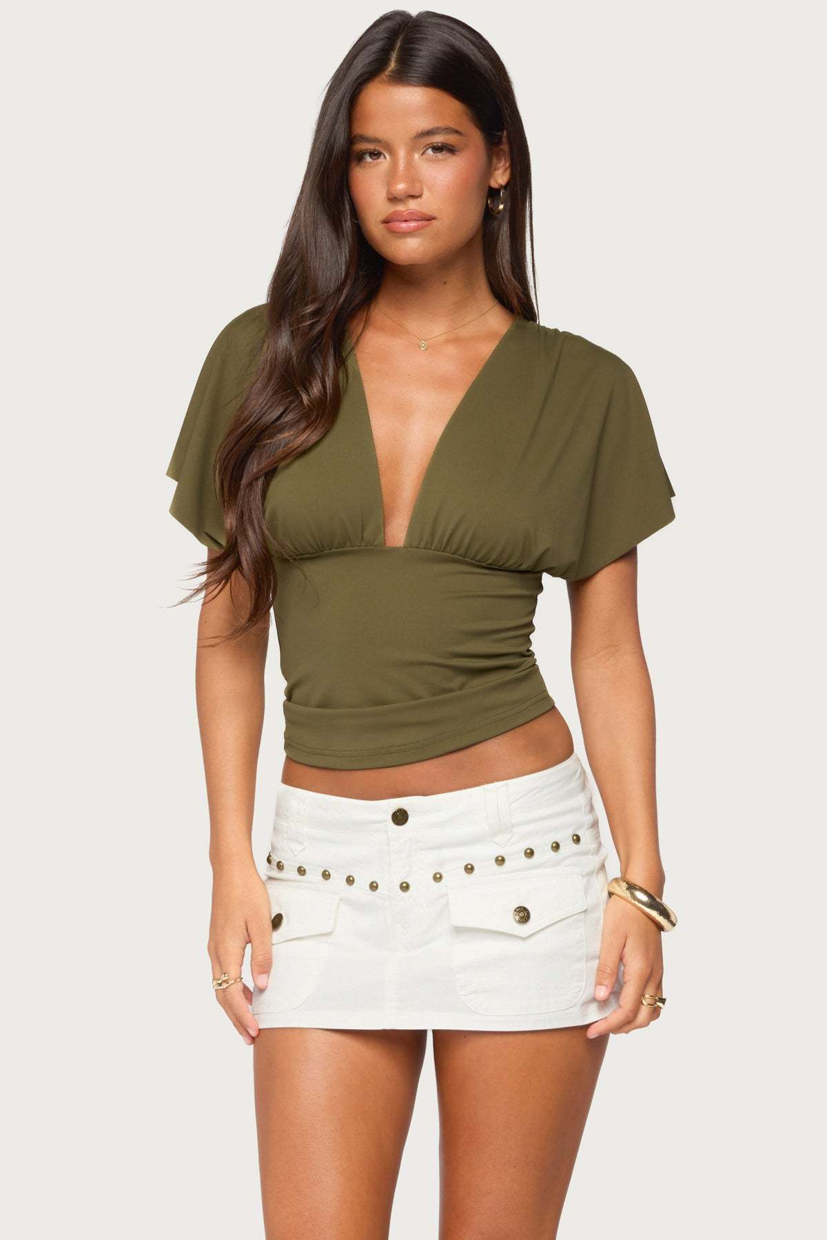 Flutter Plunging V Neck Top - OLIVE