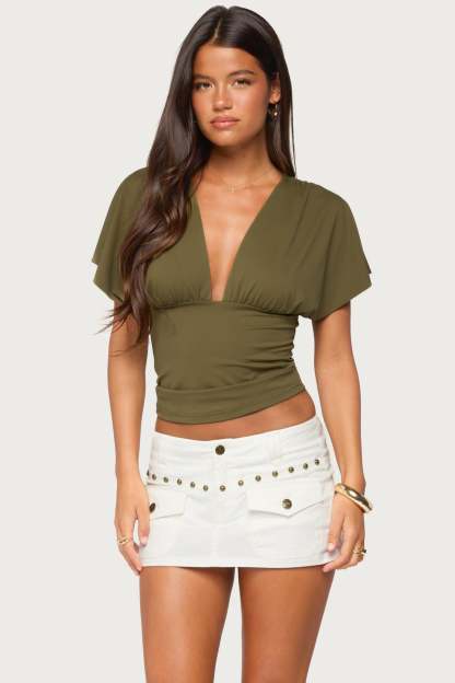 Flutter Plunging V Neck Top - OLIVE