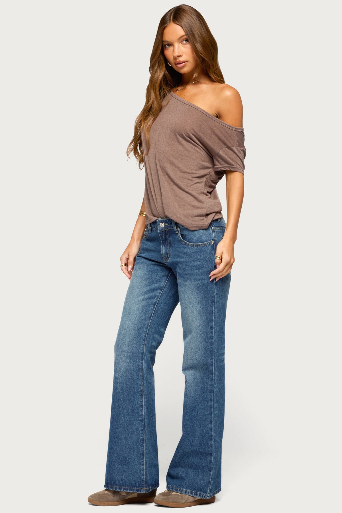 Amora Off Shoulder Sheer Top - BROWN
