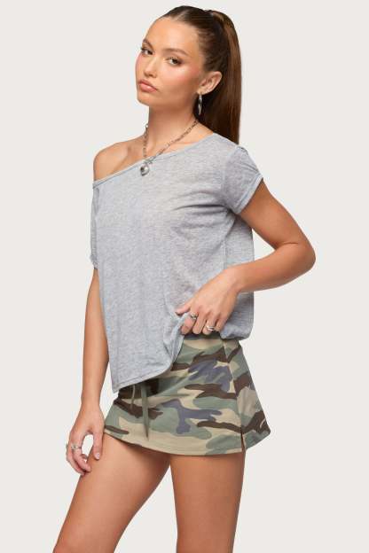 Amora Off Shoulder Sheer Top - GRAY-MELANGE