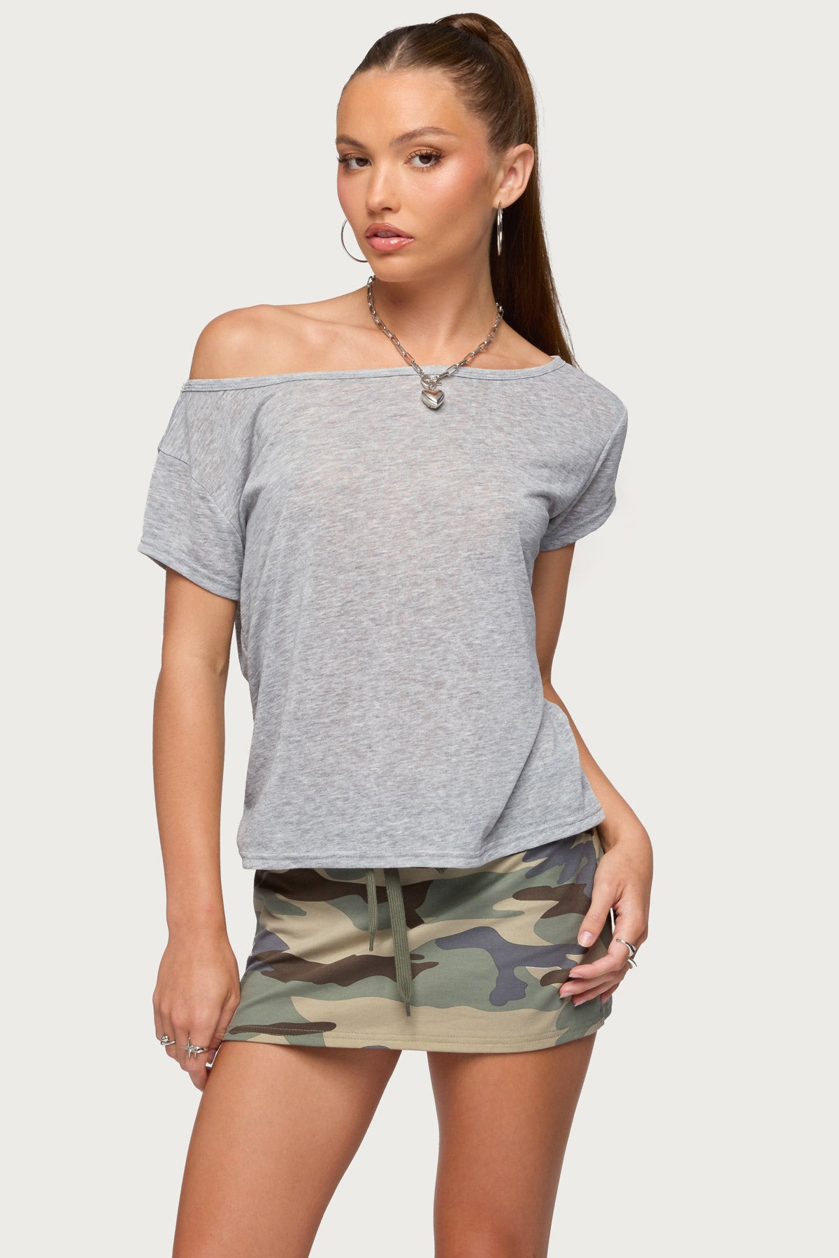 Amora Off Shoulder Sheer Top - GRAY-MELANGE