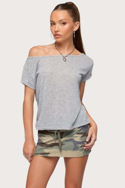Amora Off Shoulder Sheer Top - GRAY-MELANGE