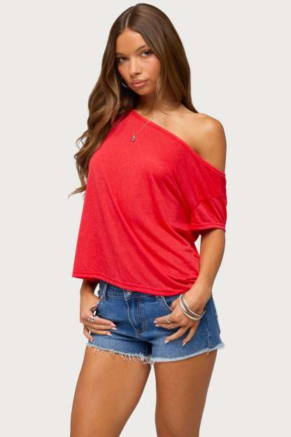 Amora Off Shoulder Sheer Top - RED