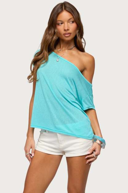 Amora Off Shoulder Sheer Top - TURQUOISE