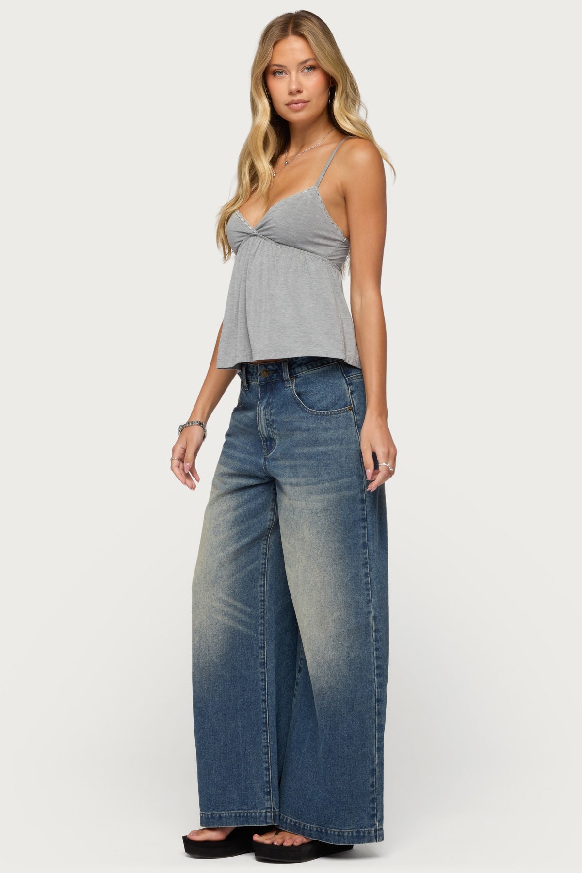 Belen Lacey Babydoll Top - GRAY-MELANGE