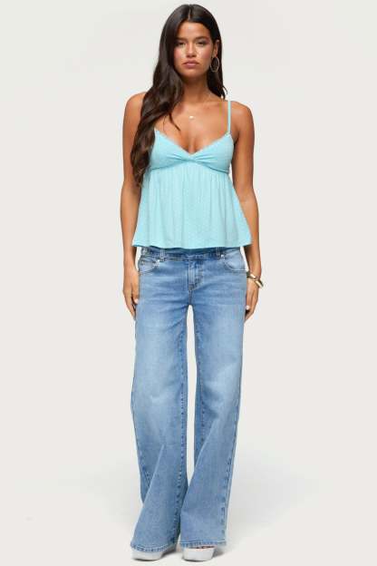 Belen Lacey Babydoll Top - TURQUOISE-AND-WHITE
