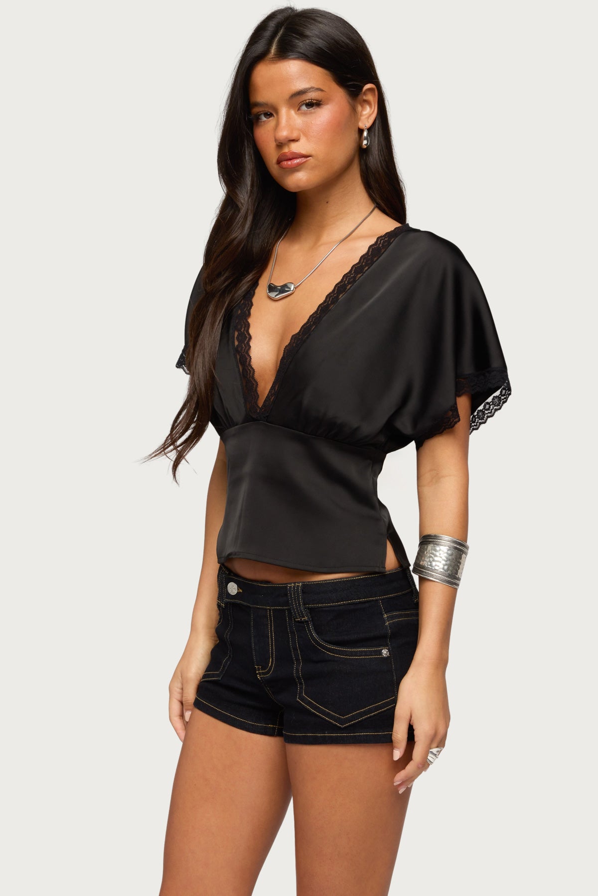 Ihara Lacey Cinched Waist Top - BLACK