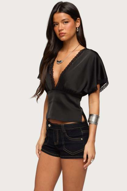 Ihara Lacey Cinched Waist Top - BLACK