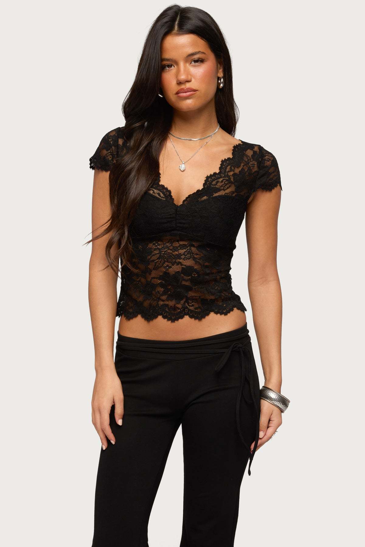 Elza Scalloped Sheer Lace Top - BLACK