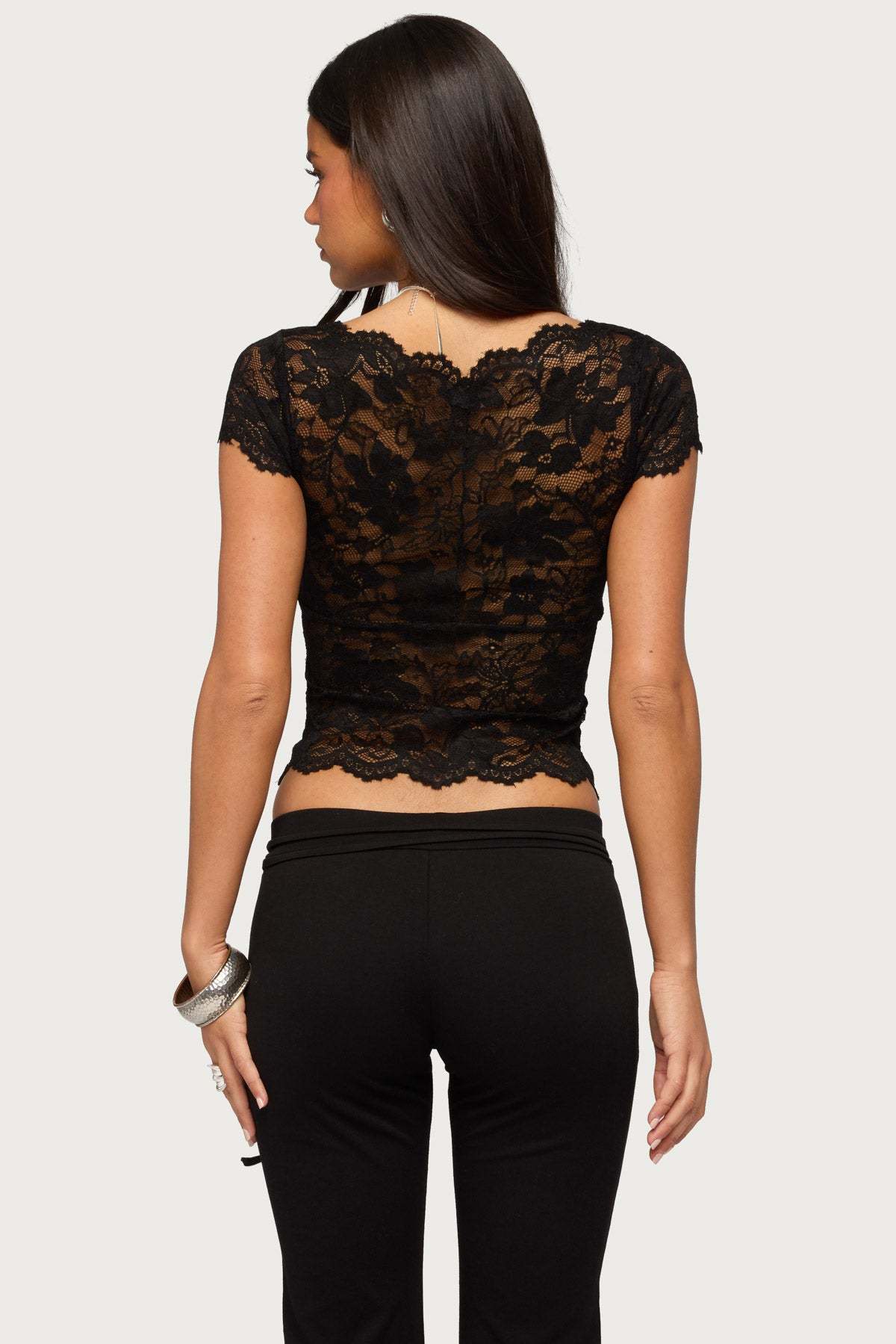 Elza Scalloped Sheer Lace Top - BLACK