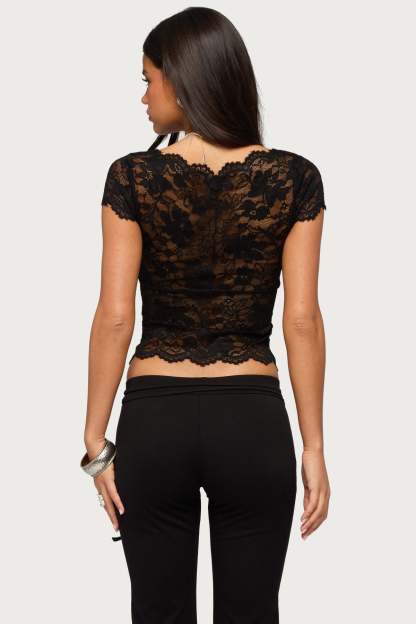Elza Scalloped Sheer Lace Top - BLACK