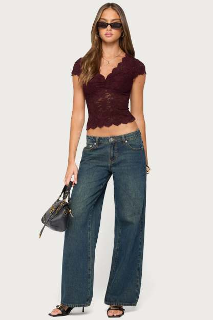 Elza Scalloped Sheer Lace Top - BURGUNDY