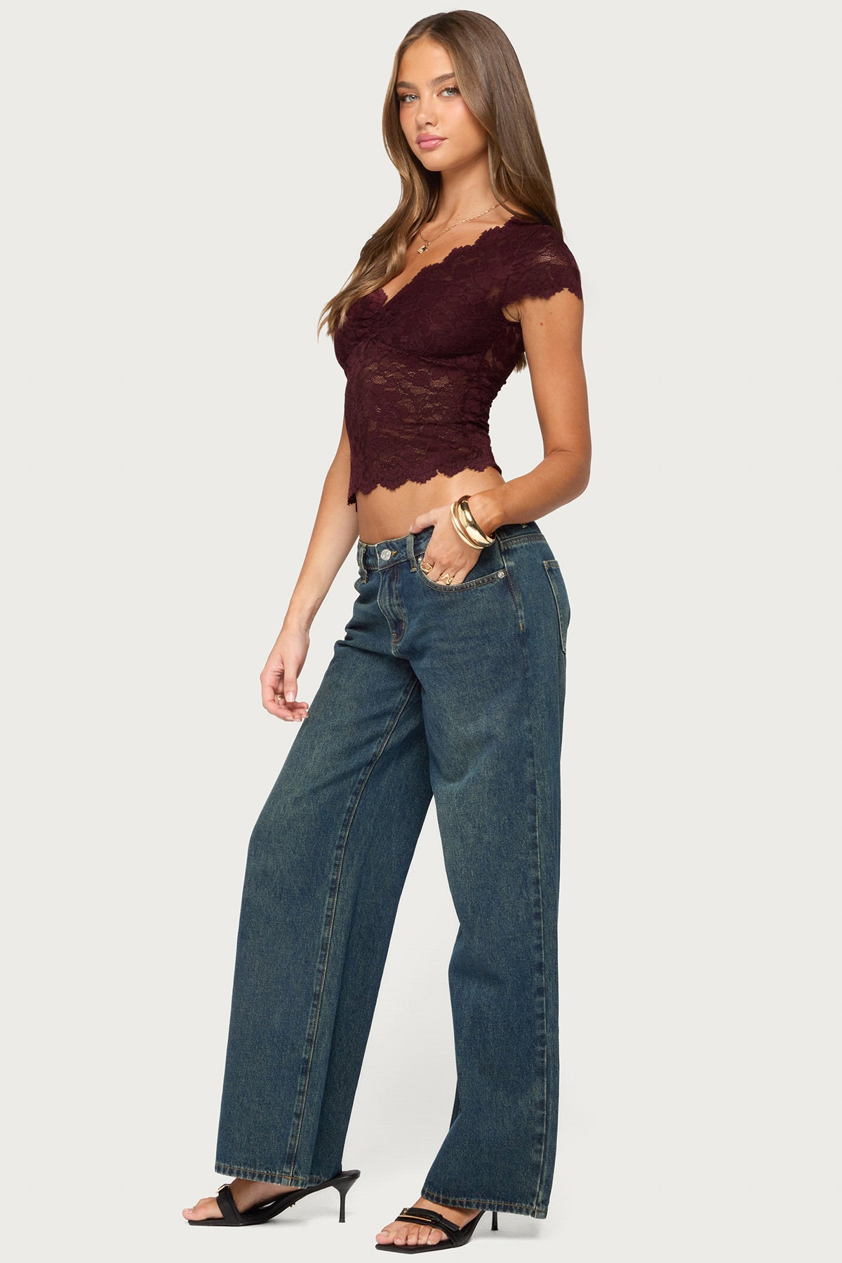 Elza Scalloped Sheer Lace Top - BURGUNDY