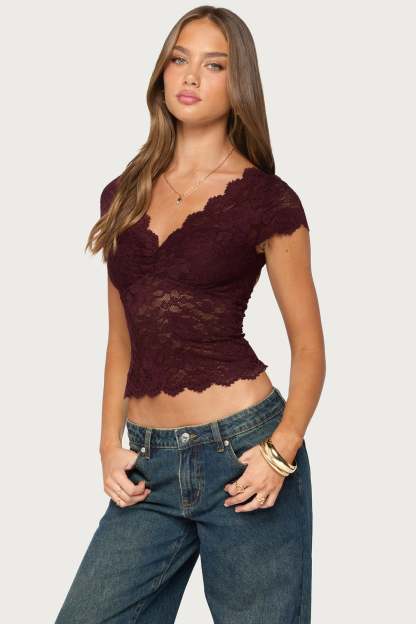 Elza Scalloped Sheer Lace Top - BURGUNDY