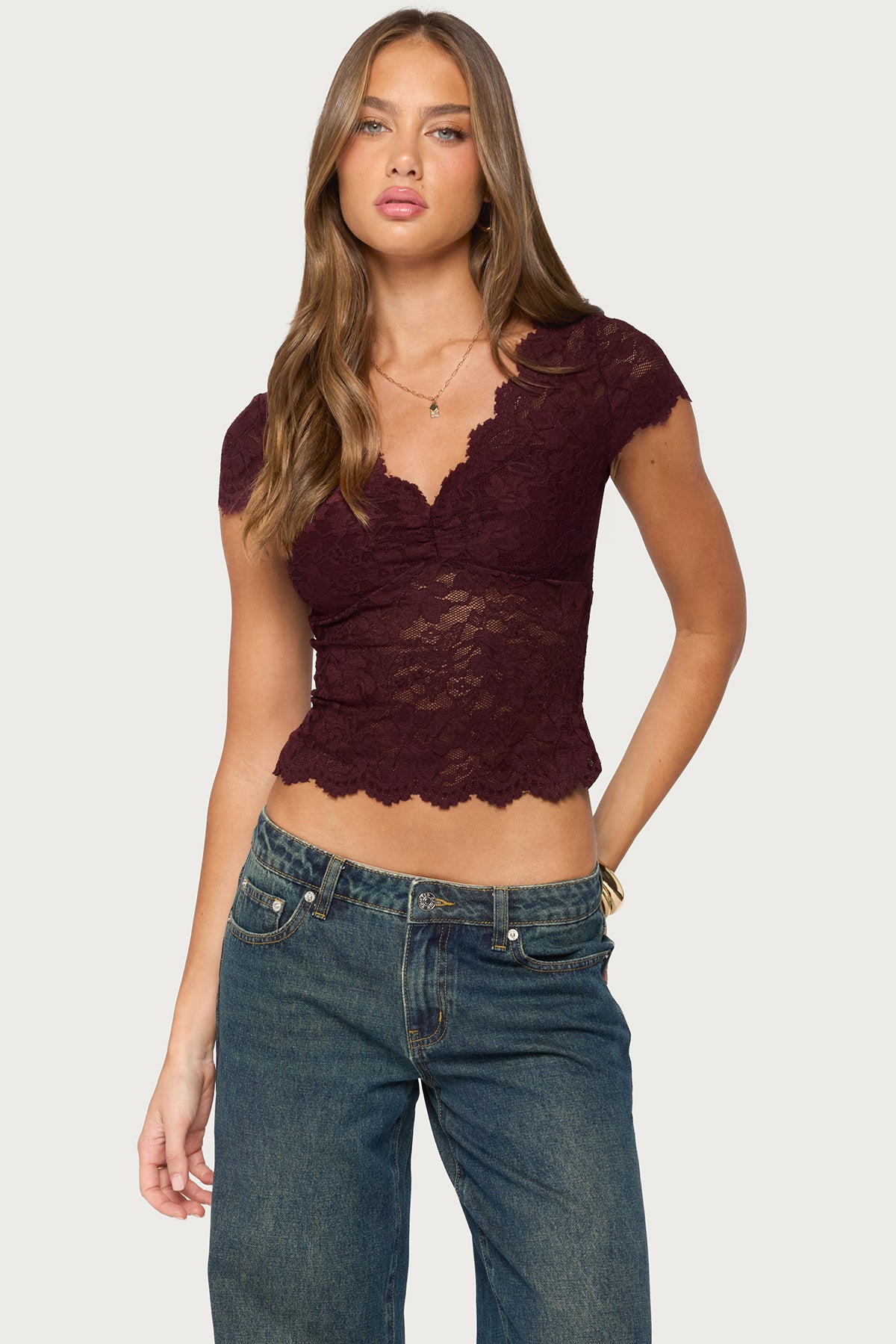 Elza Scalloped Sheer Lace Top - BURGUNDY