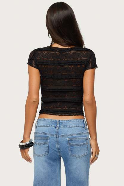 Avalee Sheer Lace V Neck Top - BLACK